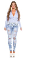 Jean skinny à découpes grande taille avec dentelle blanche – Bleu Jeans
