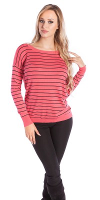 Pull col rond à rayures Femme dos ouvert – Corail