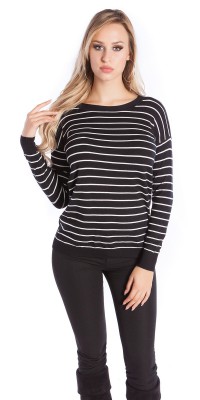 Pull col rond à rayures Femme dos ouvert – Noir