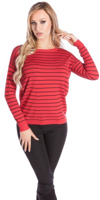 Pull col rond à rayures Femme dos ouvert – Rouge