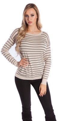 Pull col rond à rayures Femme dos ouvert – Beige