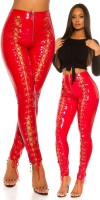 Pantalon sexy aspect latex avec lacets – Rouge